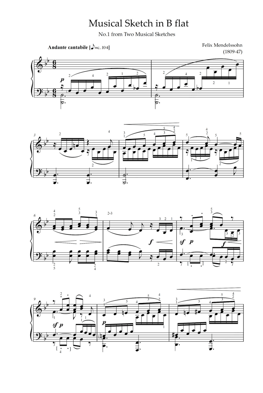 Musical Sketch in B flat - Felix Mendelssohn Piano Solo scores gallery preview page 1