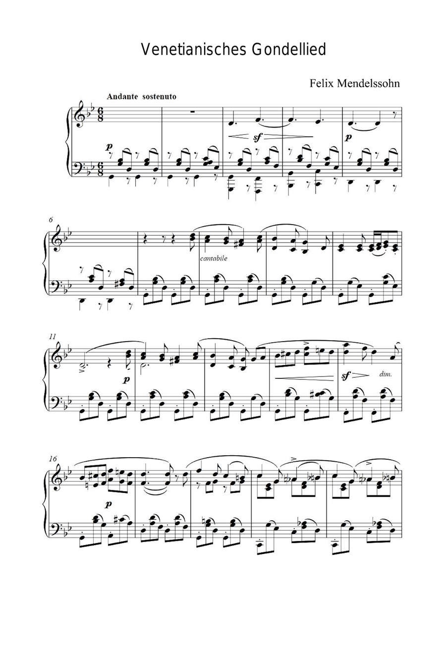 Venetianisches Gondellied - Felix Mendelssohn Piano Solo scores gallery preview page 1