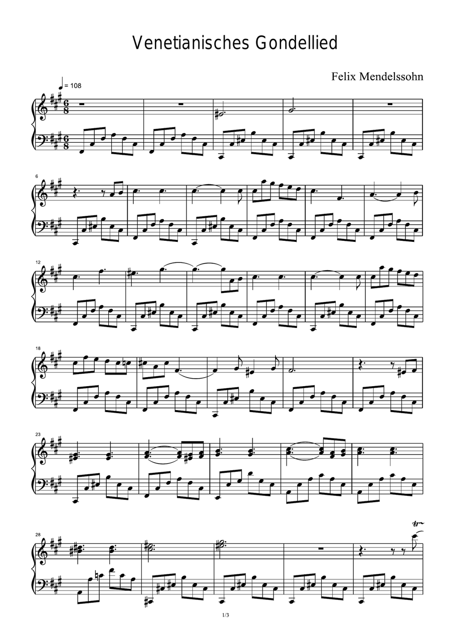 Venetianisches Gondellied - Felix Mendelssohn Piano Solo scores gallery preview page 1