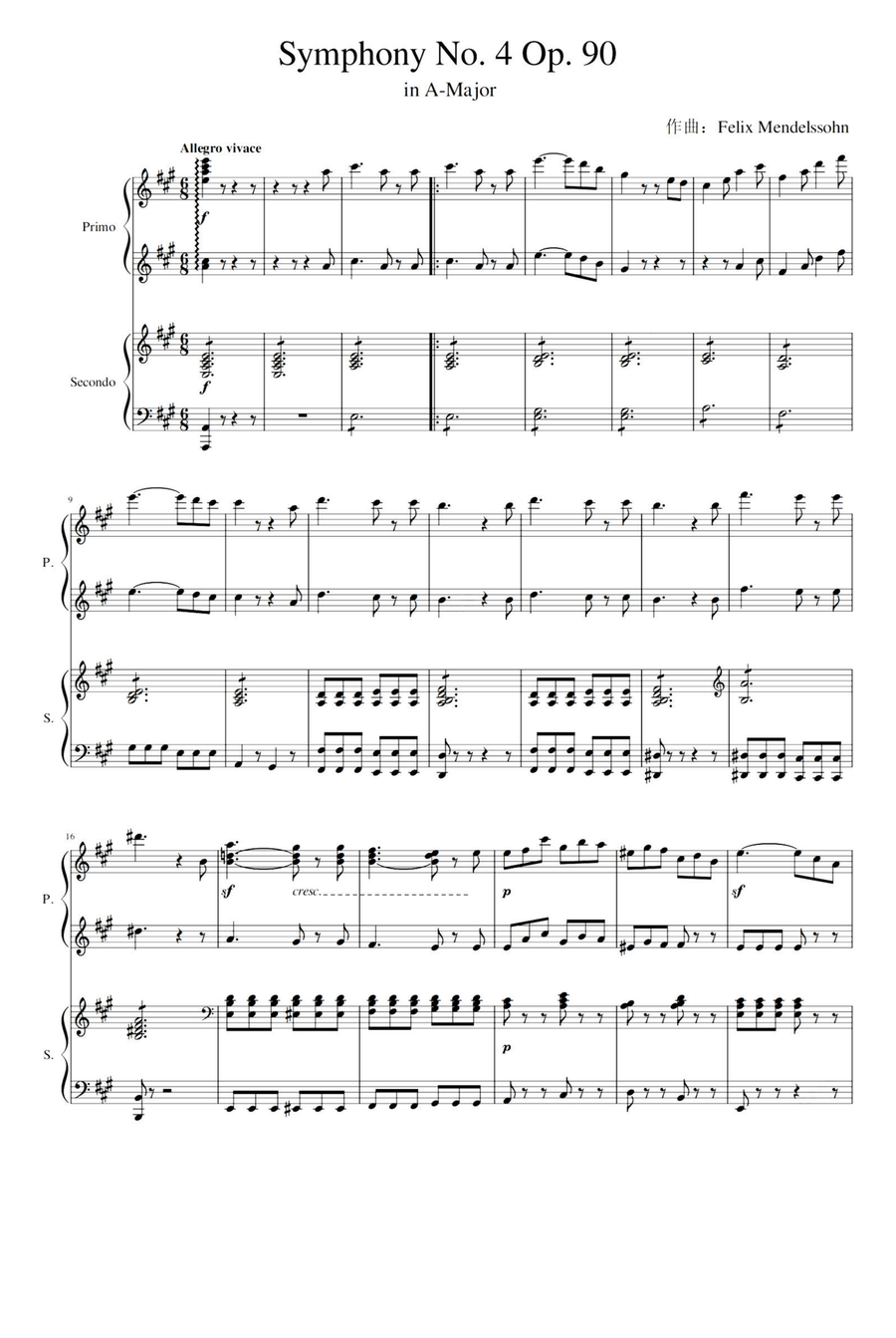 Symphony No.4 in A Major - Felix Mendelssohn 1 Piano, 4-Hands scores gallery preview page 1