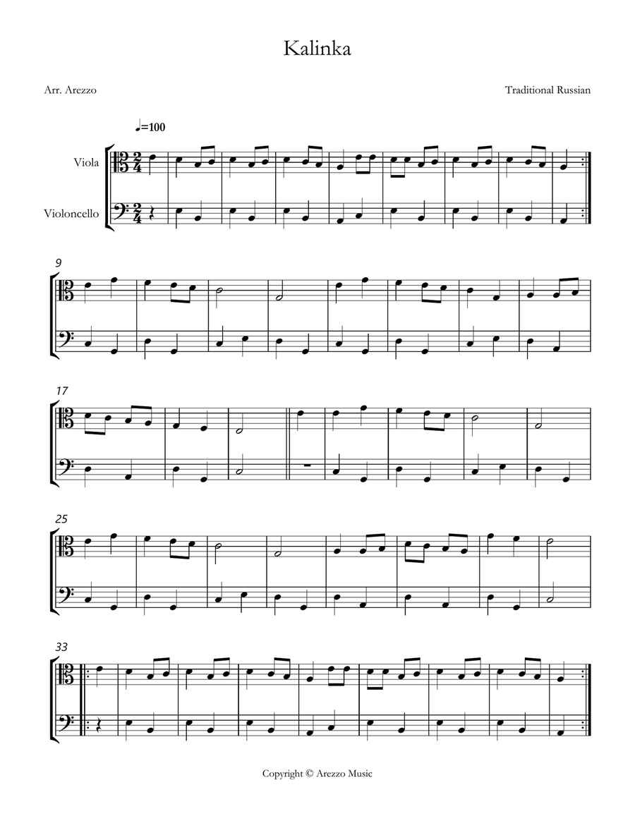 kalinka russian folk song easy Viola and Cello sheet music String Duet scores gallery preview page 1