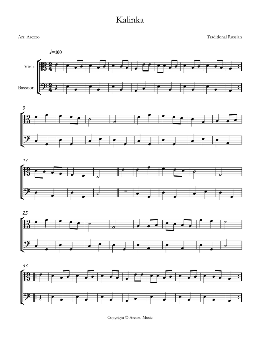 kalinka russian folk song easy Viola and Bassoon sheet music Chamber Music scores gallery preview page 1
