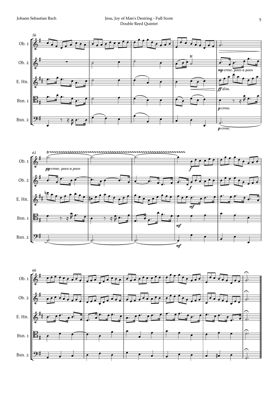 Jesu, Joy of Man's Desiring by Bach for Double Reed Quintet Woodwind Quintet scores gallery preview page 5