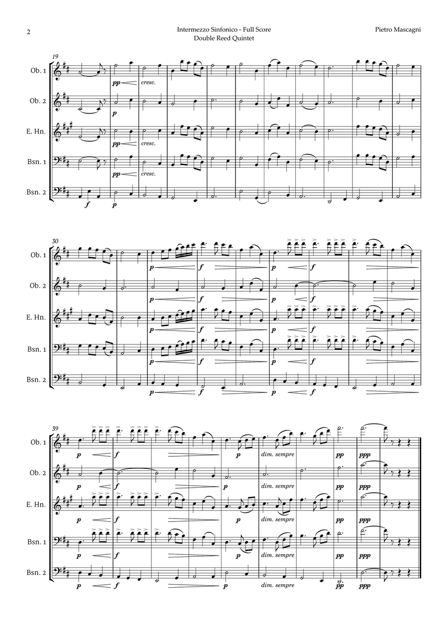 Intermezzo Sinfonico by Pietro Mascagni for Double Reed Quintet Woodwind Quintet scores gallery preview page 2