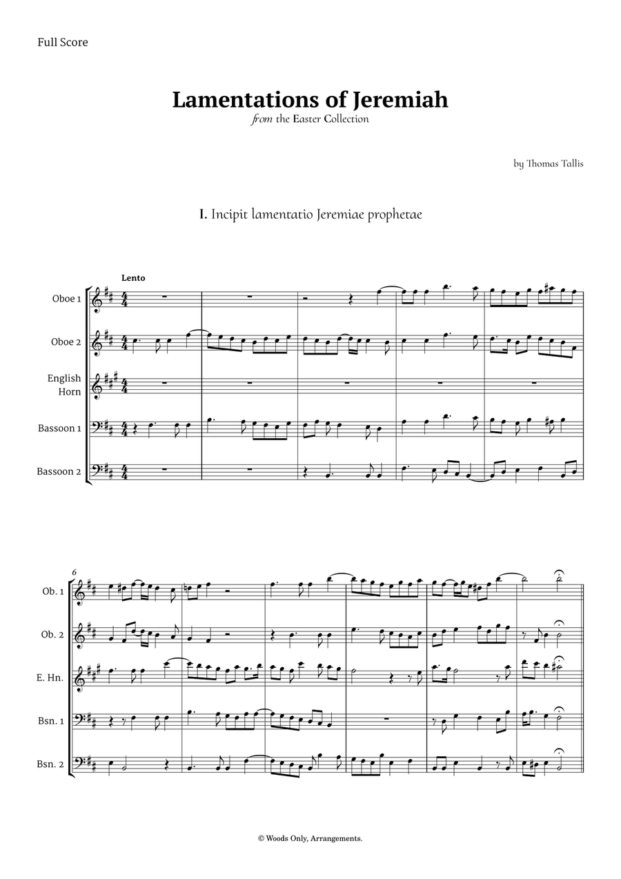 Lamentations of Jeremiah by Thomas Tallis for Double Reed Quintet Woodwind Quintet scores gallery preview page 1