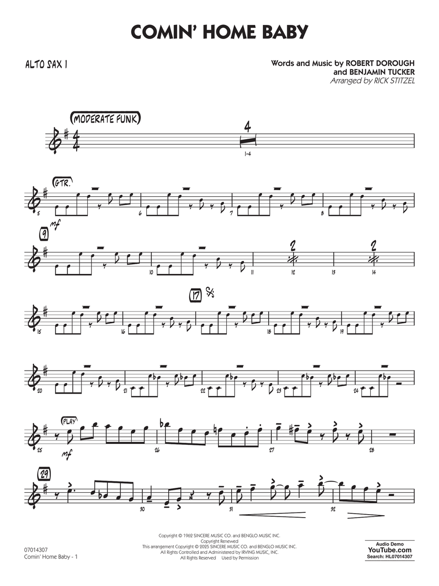 Comin' Home Baby (arr. Rick Stitzel) - Alto Sax 1 Jazz Ensemble scores gallery preview page 1
