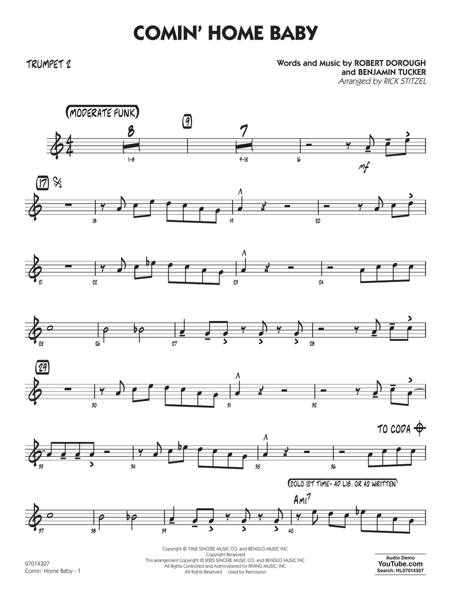 Comin' Home Baby (arr. Rick Stitzel) - Trumpet 2 Jazz Ensemble scores gallery preview page 1