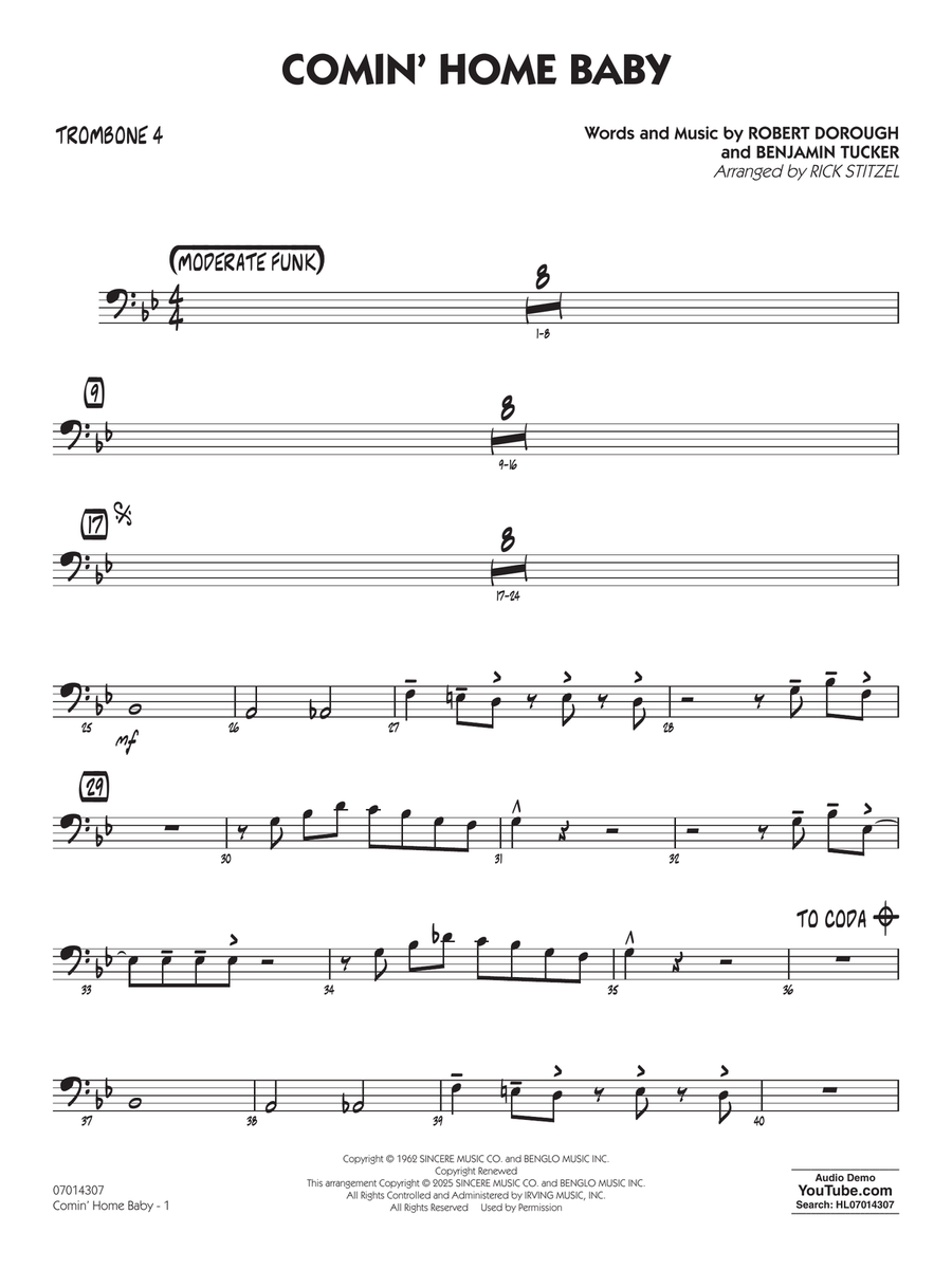 Comin' Home Baby (arr. Rick Stitzel) - Trombone 4 Jazz Ensemble scores gallery preview page 1