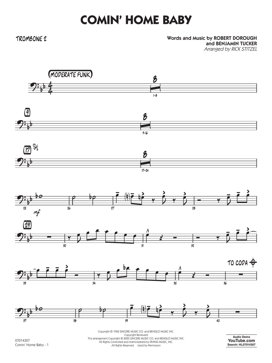 Comin' Home Baby (arr. Rick Stitzel) - Trombone 2 Jazz Ensemble scores gallery preview page 1
