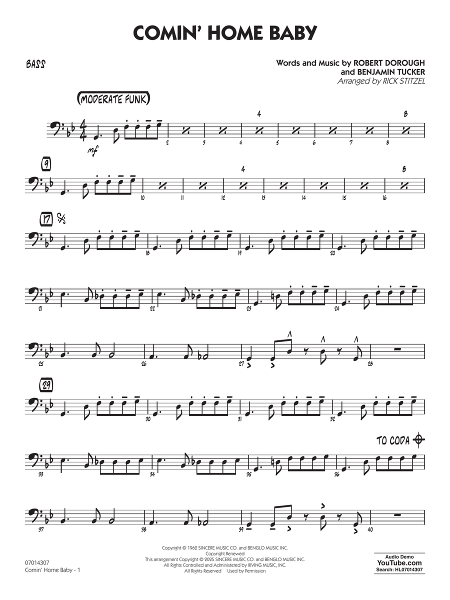 Comin' Home Baby (arr. Rick Stitzel) - Bass Jazz Ensemble scores gallery preview page 1