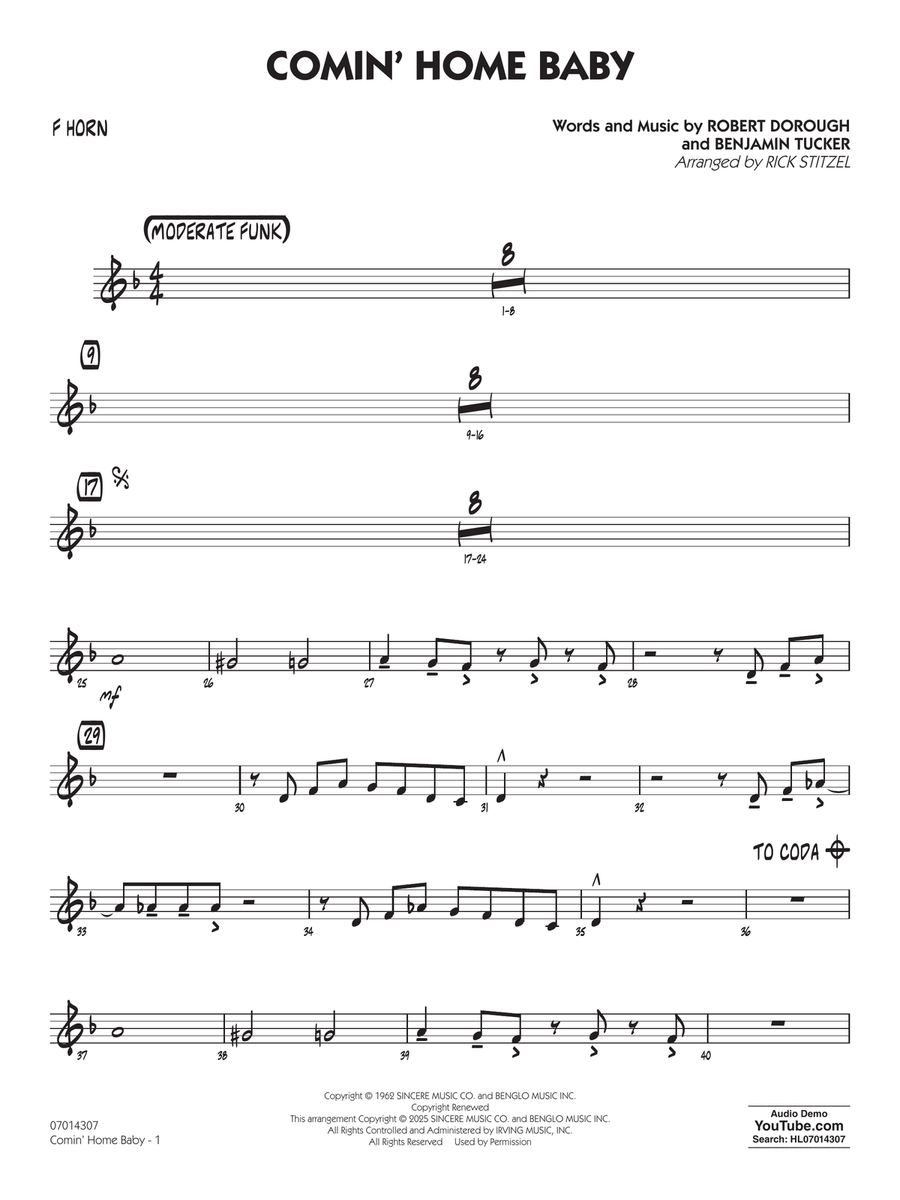Comin' Home Baby (arr. Rick Stitzel) - F Horn Jazz Ensemble scores gallery preview page 1