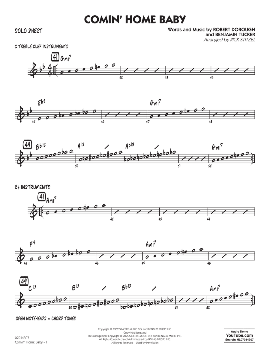 Comin' Home Baby (arr. Rick Stitzel) - Solo Sheet Jazz Ensemble scores gallery preview page 1