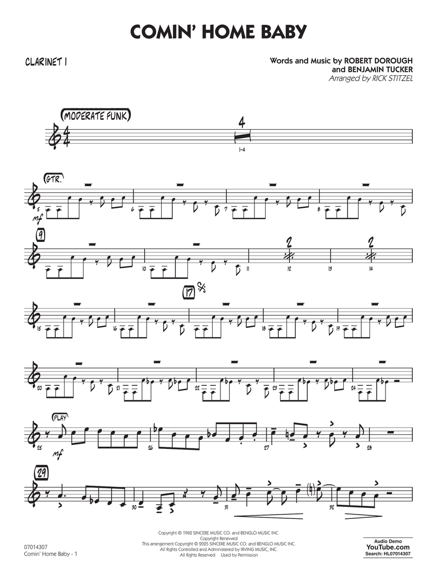 Comin' Home Baby (arr. Rick Stitzel) - Clarinet 1 Jazz Ensemble scores gallery preview page 1