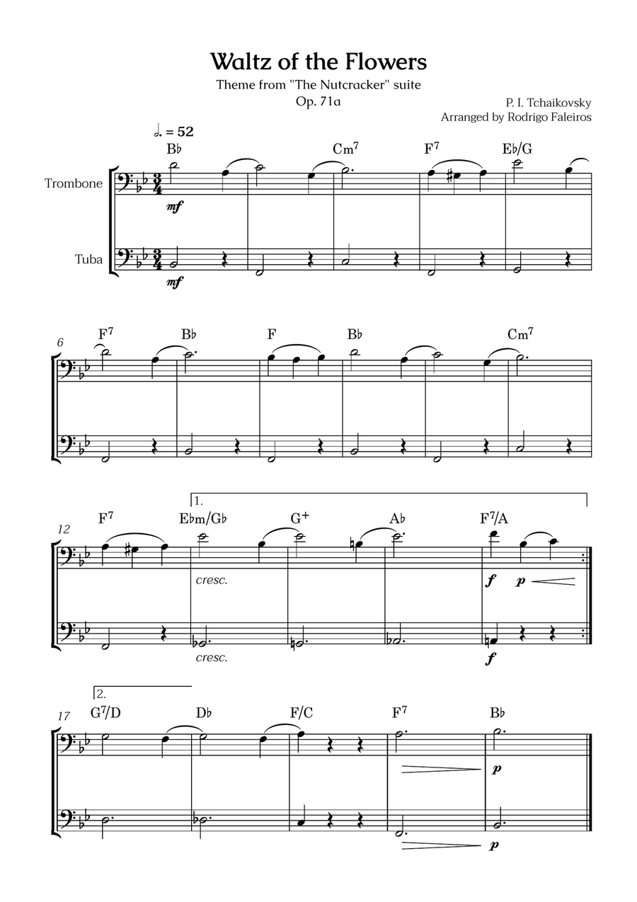 Waltz of the Flowers (trombone and tuba) - for beginners (with chords) Brass Duet scores gallery preview page 1