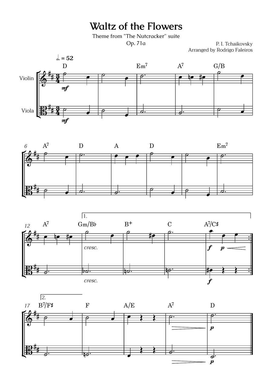 Waltz of the Flowers (violin and viola) - for beginners (with chords) String Duet scores gallery preview page 1