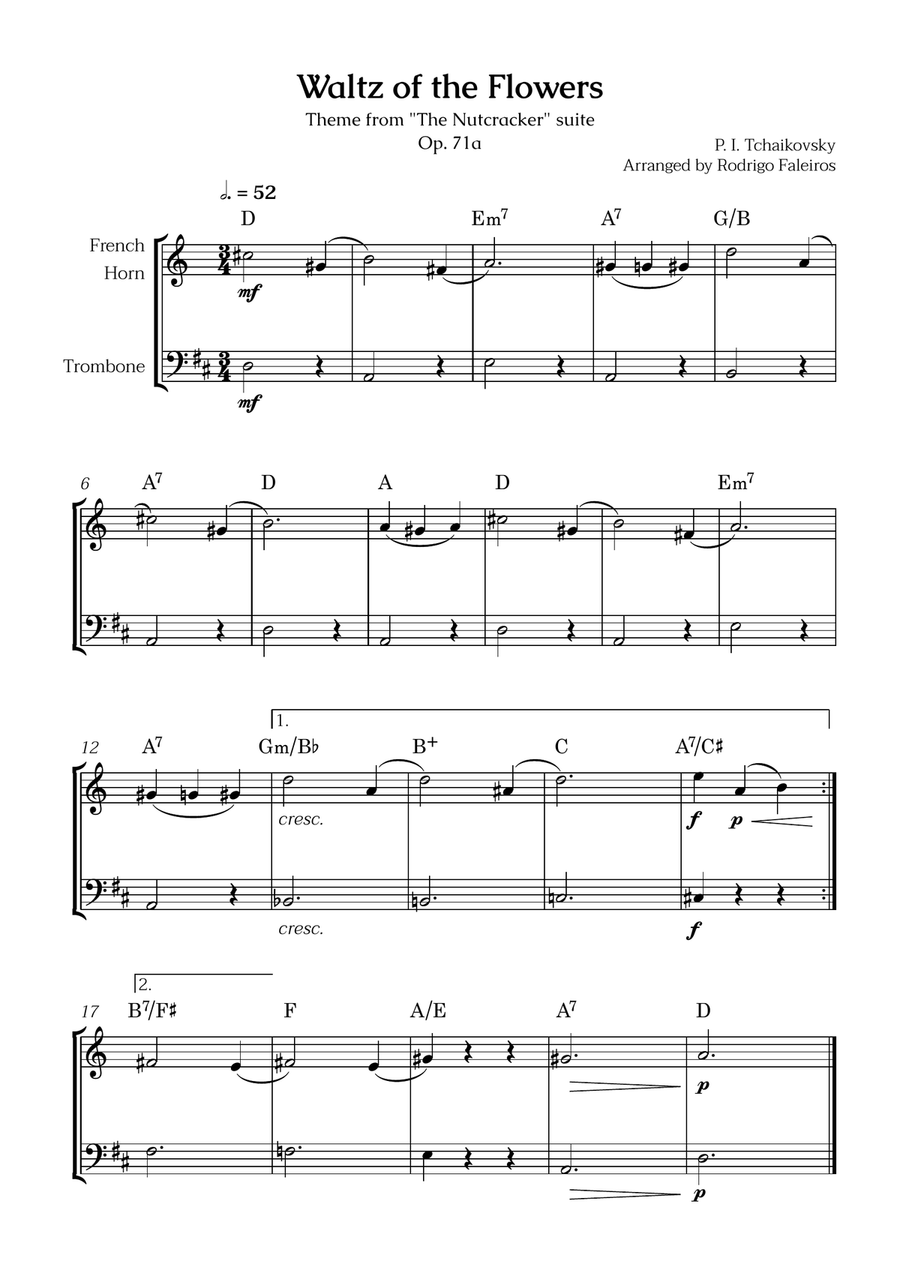 Waltz of the Flowers (french horn and trombone) - for beginners (with chords) Brass Duet scores gallery preview page 1