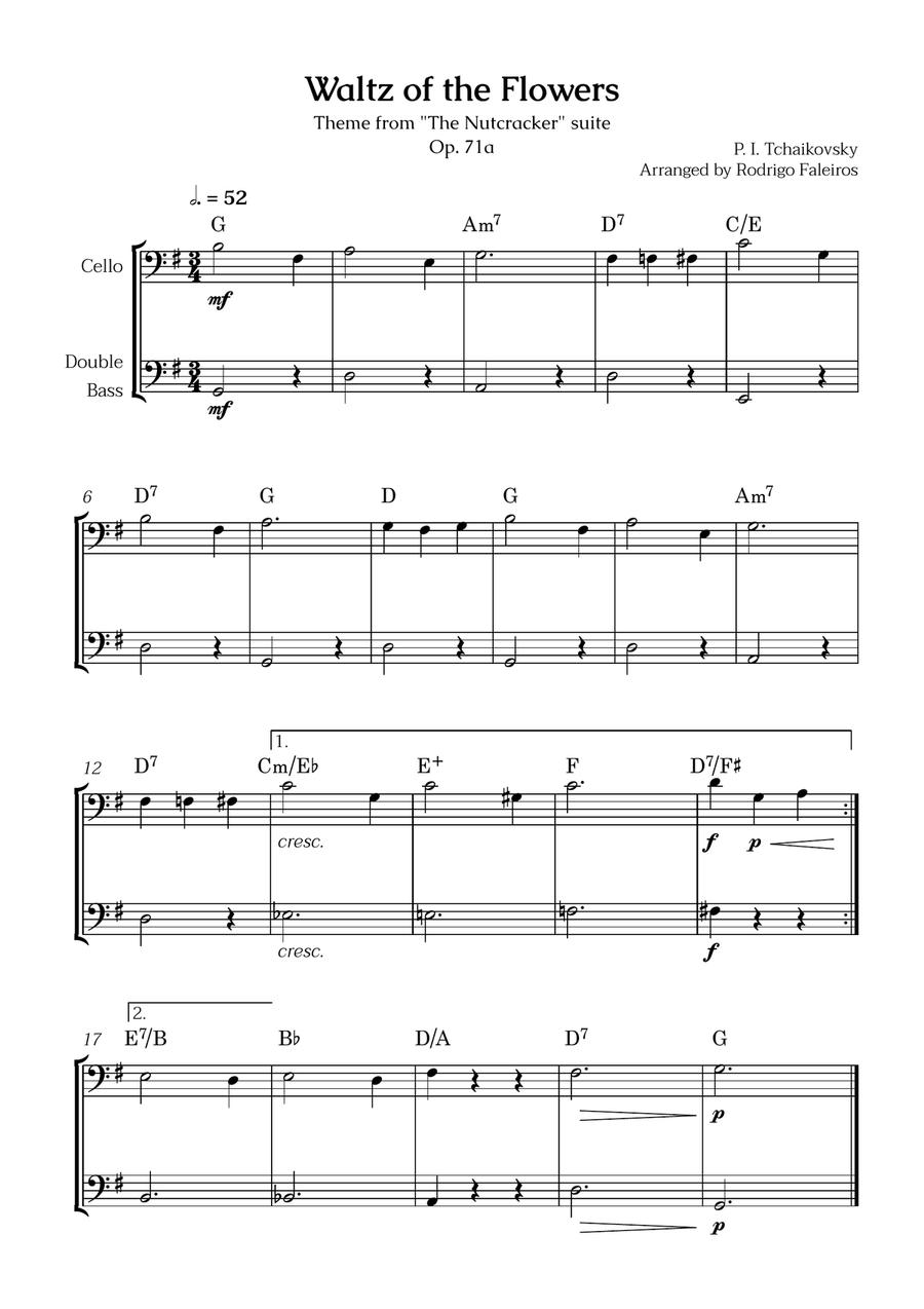 Waltz of the Flowers (cello and double bass) - for beginners (with chords) String Duet scores gallery preview page 1