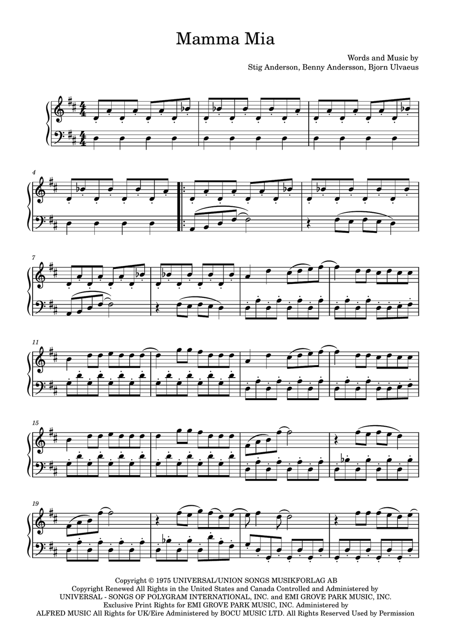 Mamma Mia Easy Piano scores gallery preview page 1