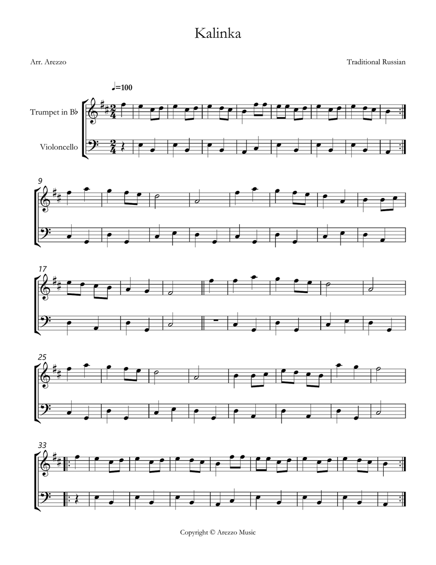 kalinka russian folk song easy Trumpet and Cello sheet music Chamber Music scores gallery preview page 1