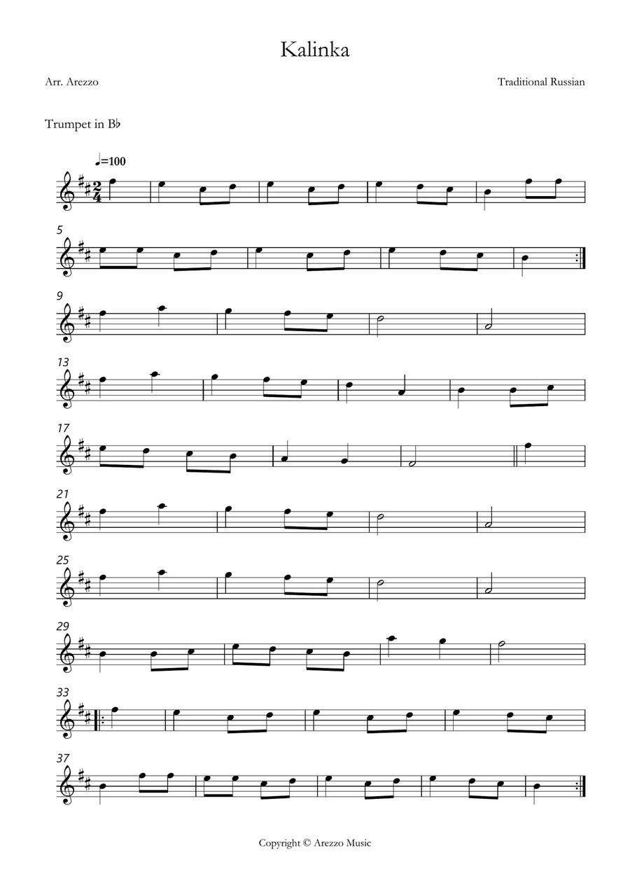 kalinka russian folk song easy Trumpet and Cello sheet music Chamber Music scores gallery preview page 2