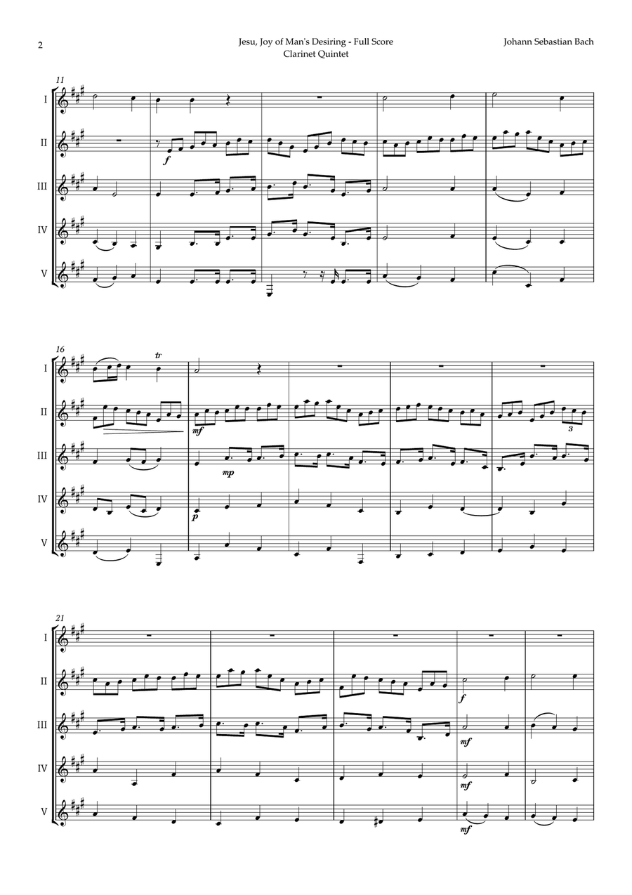 Jesu, Joy of Man's Desiring by Bach for Clarinet Quintet Clarinet Quintet scores gallery preview page 2
