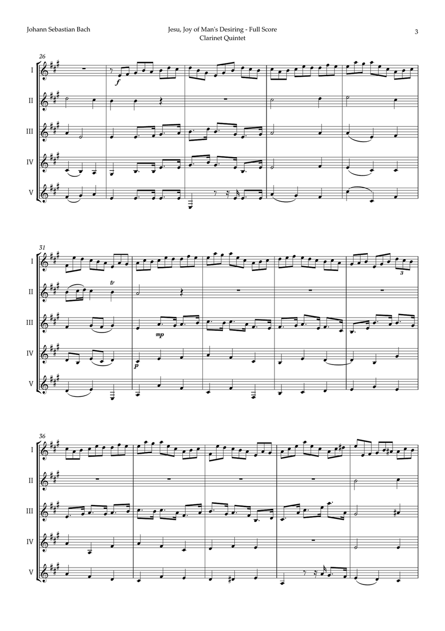 Jesu, Joy of Man's Desiring by Bach for Clarinet Quintet Clarinet Quintet scores gallery preview page 3