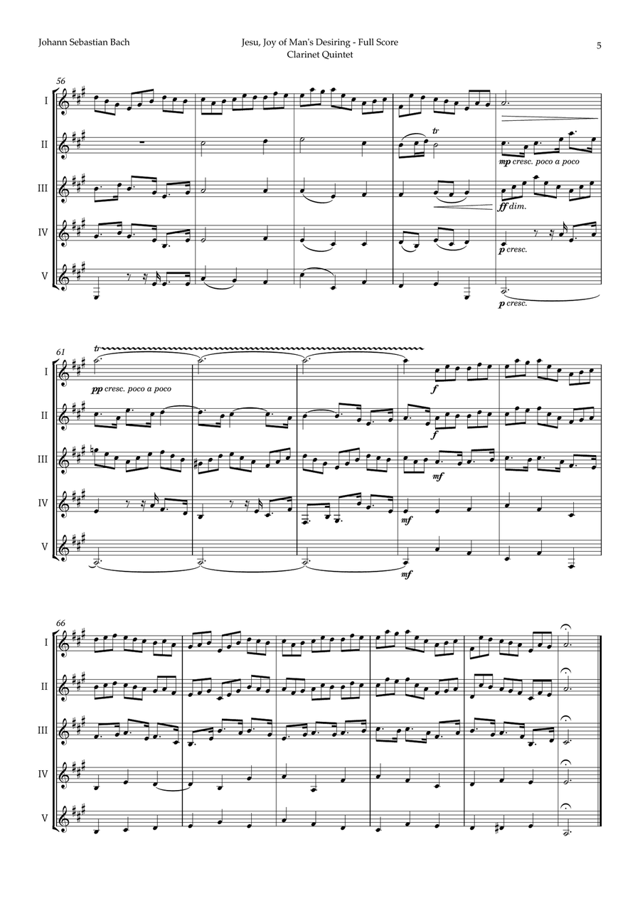 Jesu, Joy of Man's Desiring by Bach for Clarinet Quintet Clarinet Quintet scores gallery preview page 5
