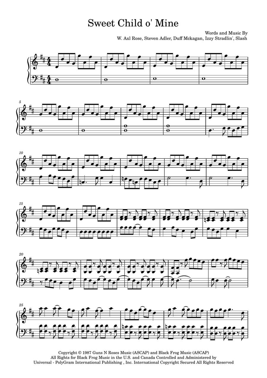 Sweet Child O' Mine Easy Piano scores gallery preview page 1