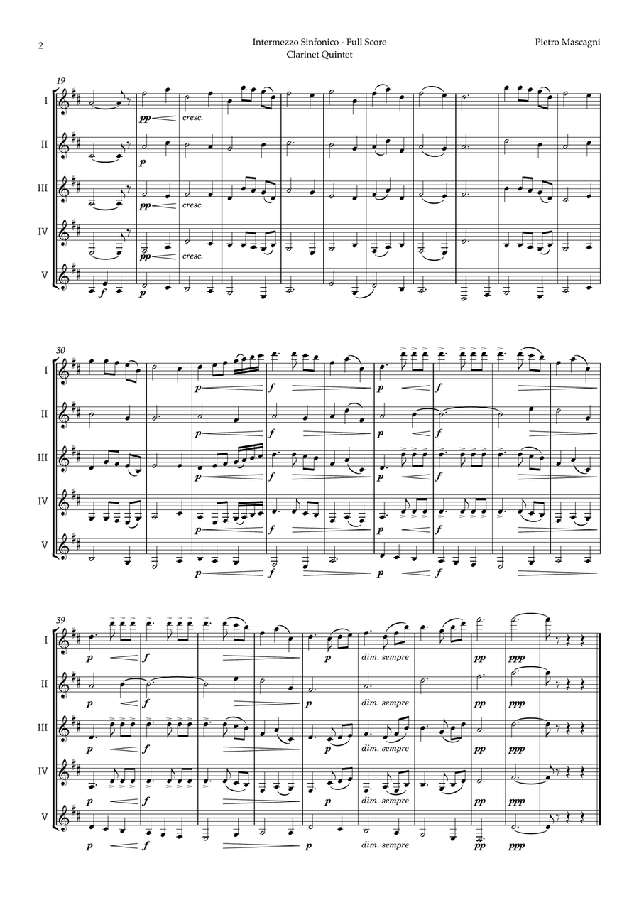 Intermezzo Sinfonico by Pietro Mascagni for Clarinet Quintet Clarinet Quintet scores gallery preview page 2