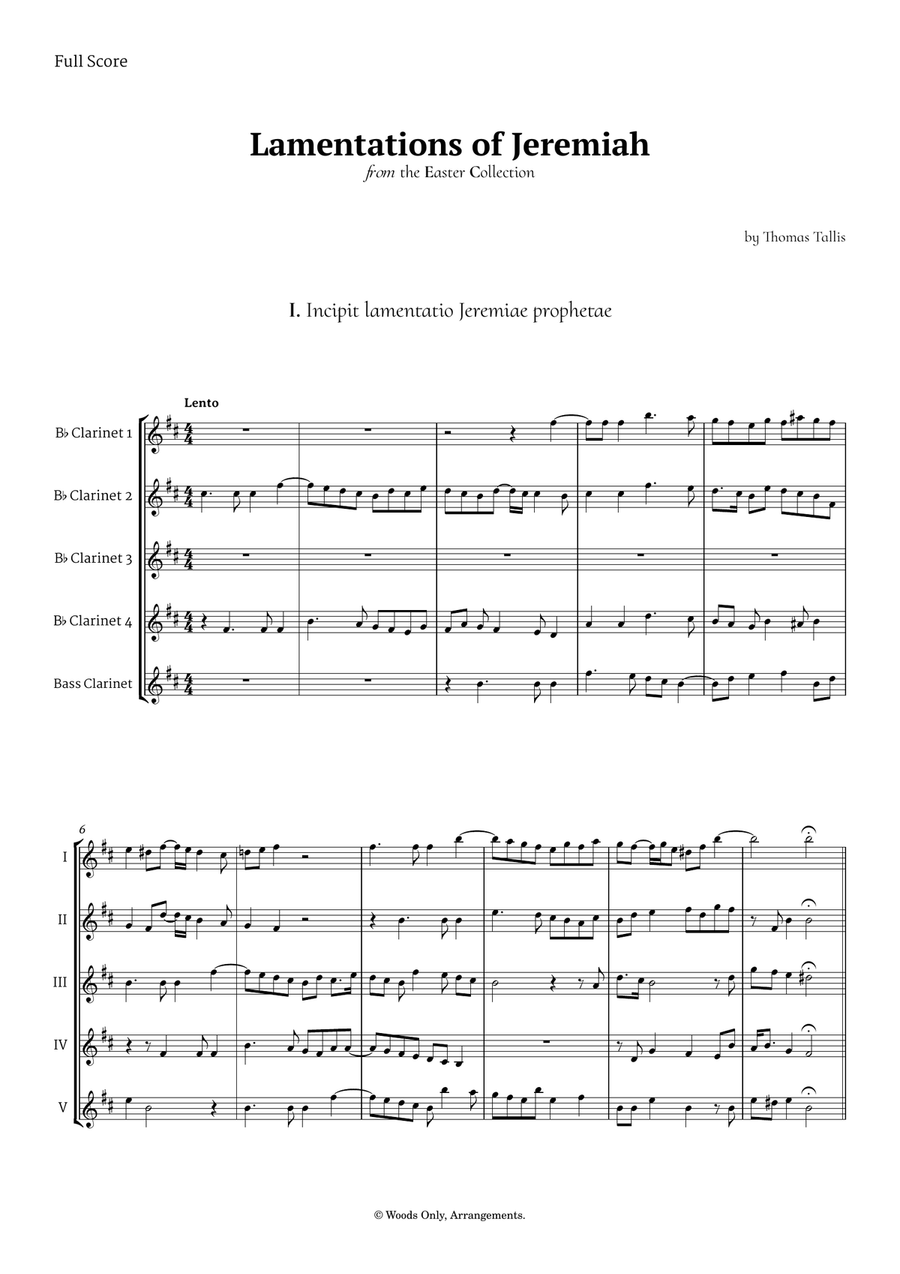 Lamentations of Jeremiah by Thomas Tallis for Clarinet Quintet Clarinet Quintet scores gallery preview page 1