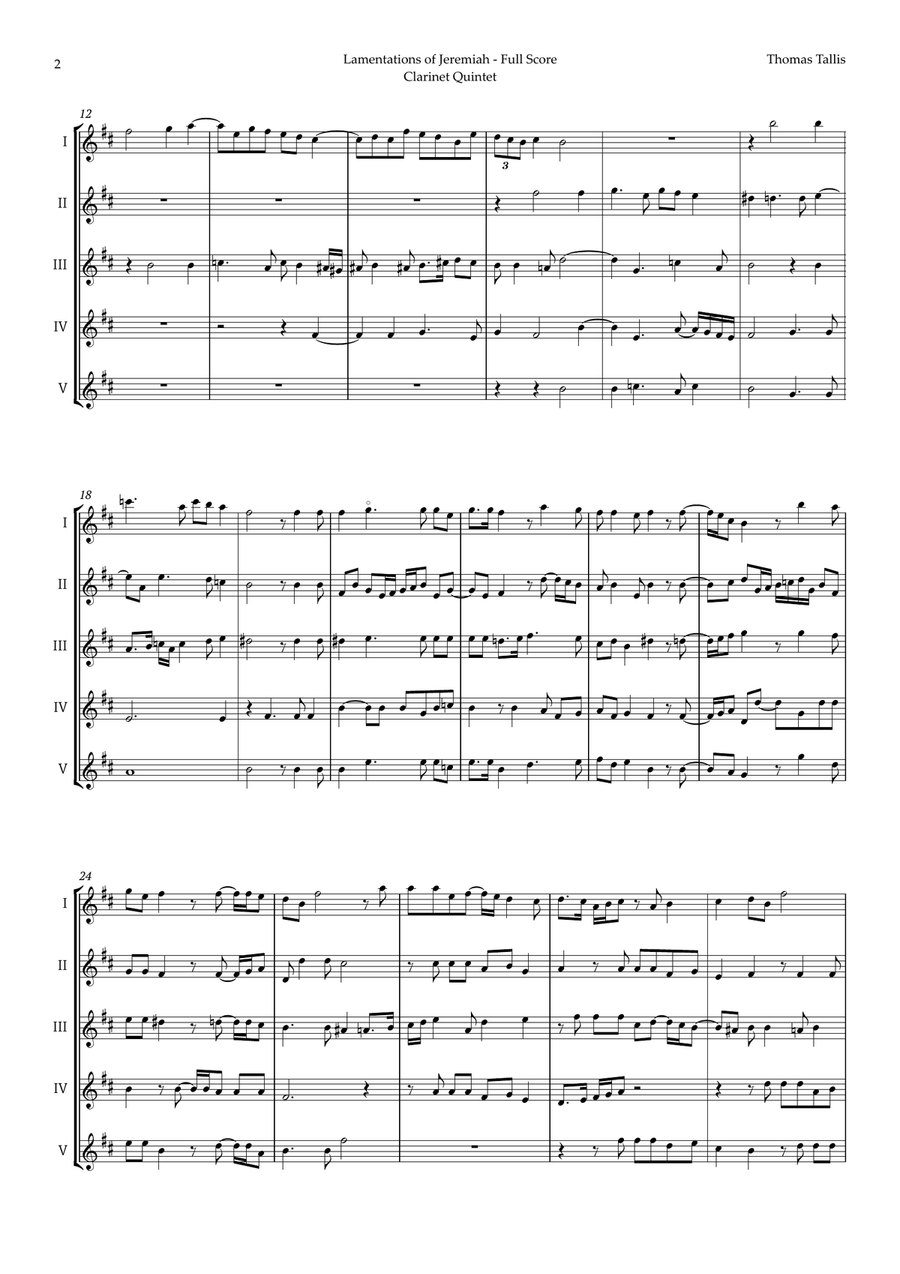 Lamentations of Jeremiah by Thomas Tallis for Clarinet Quintet Clarinet Quintet scores gallery preview page 2