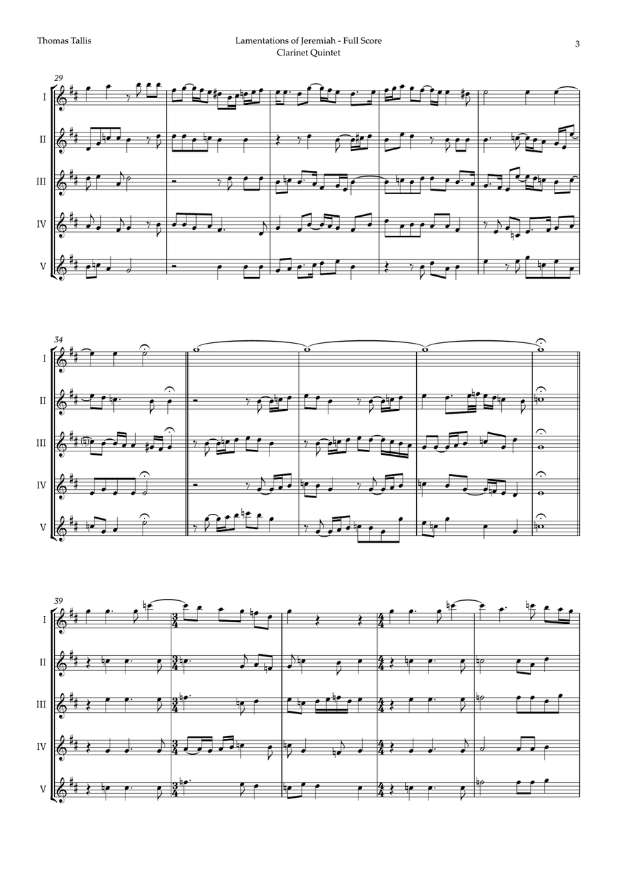 Lamentations of Jeremiah by Thomas Tallis for Clarinet Quintet Clarinet Quintet scores gallery preview page 3