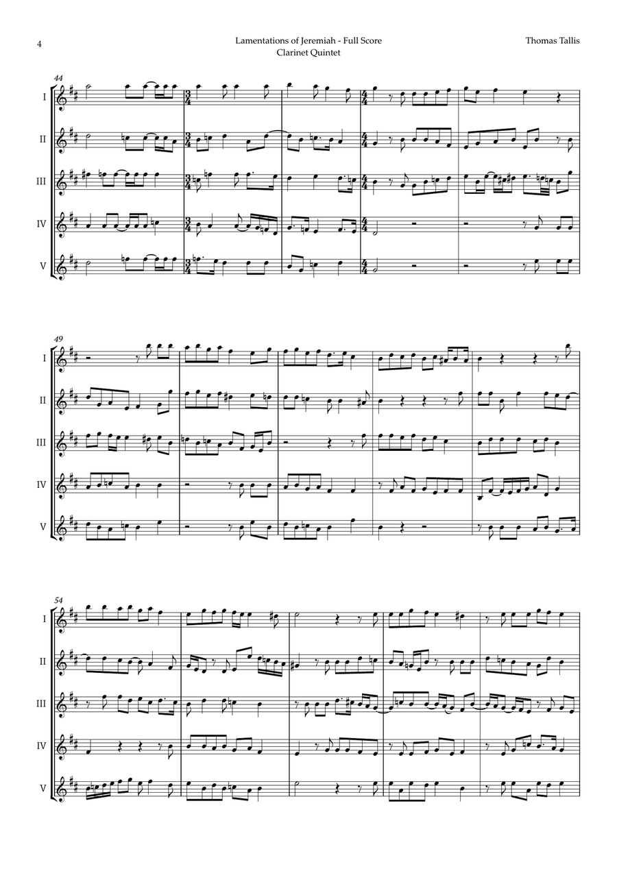 Lamentations of Jeremiah by Thomas Tallis for Clarinet Quintet Clarinet Quintet scores gallery preview page 4