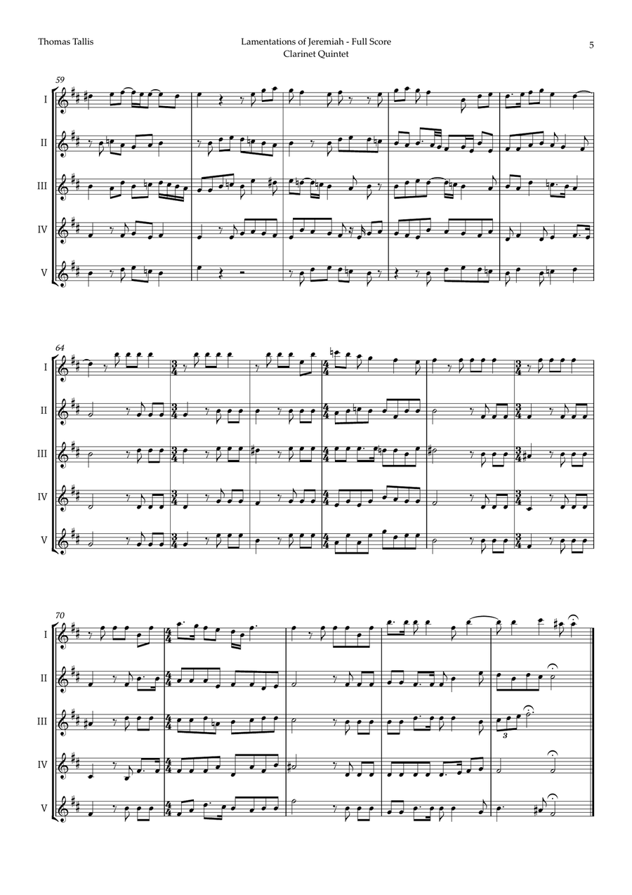 Lamentations of Jeremiah by Thomas Tallis for Clarinet Quintet Clarinet Quintet scores gallery preview page 5