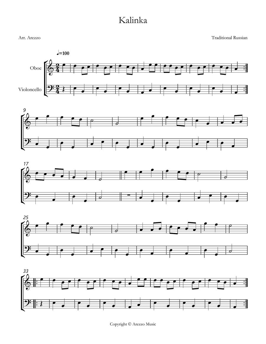kalinka russian folk song easy Oboe and Cello sheet music Chamber Music scores gallery preview page 1