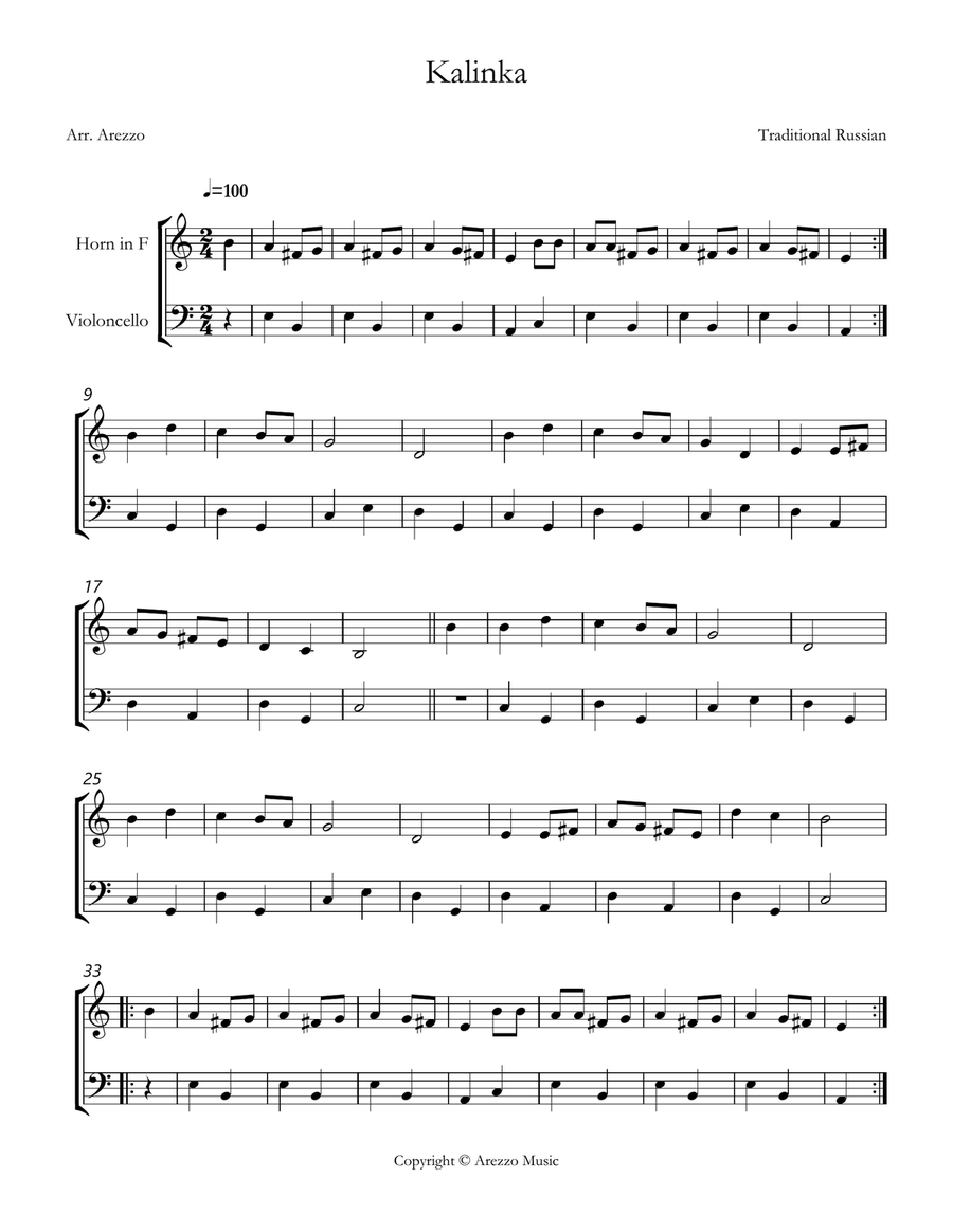 kalinka russian folk song easy French Horn and Cello sheet music Chamber Music scores gallery preview page 1