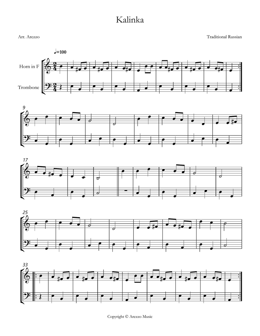 kalinka russian folk song easy French Horn and trombone sheet music Brass Duet scores gallery preview page 1