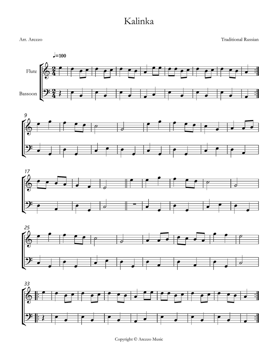 kalinka russian folk song easy Flute and Bassoon sheet music Woodwind Duet scores gallery preview page 1