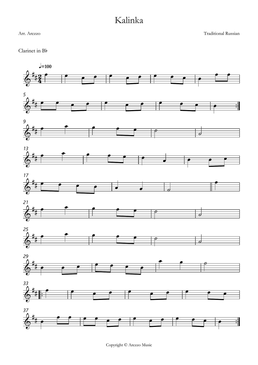 kalinka russian folk song easy Clarinet and Cello sheet music Chamber Music scores gallery preview page 2