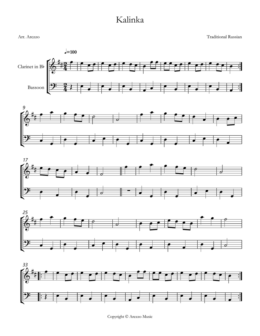 kalinka russian folk song easy Clarinet and Bassoon sheet music Woodwind Duet scores gallery preview page 1