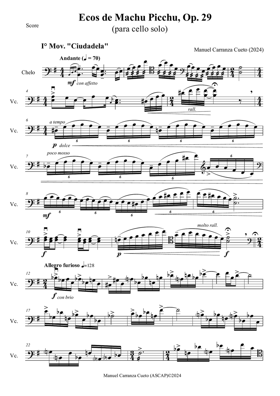 Ecos de Machu Picchu, Op. 29 para violoncello solo Chamber Music scores gallery preview page 1