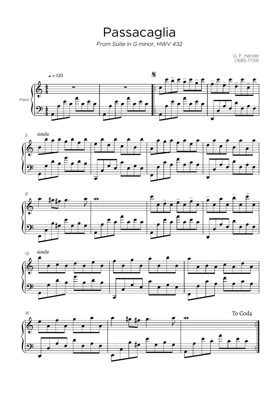 Passacaglia, Suite in G minor, HWV 432 Piano Method scores gallery preview page 2