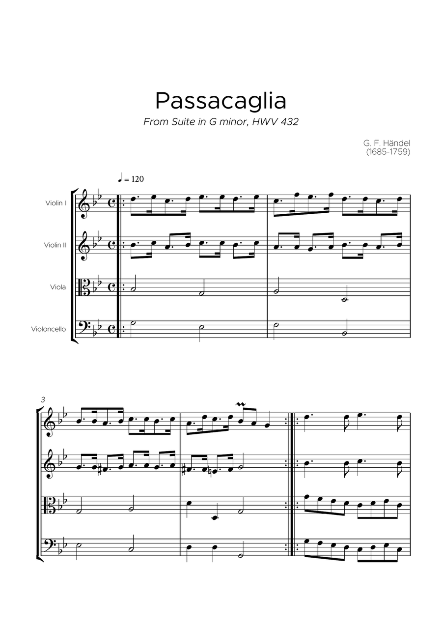 Passacaglia, Suite in G minor, HWV 432 String Quartet scores gallery preview page 2