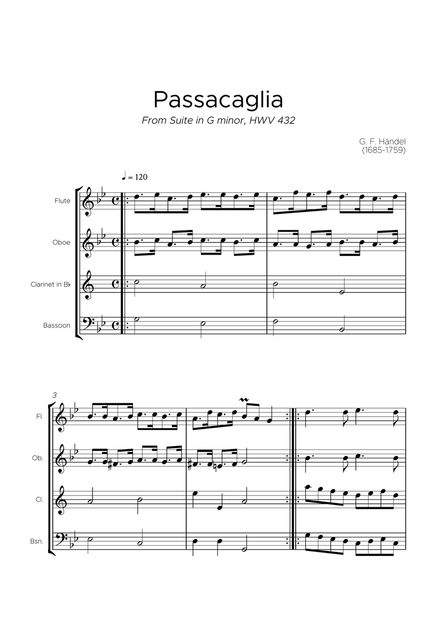 Passacaglia, Suite in G minor, HWV 432 Woodwind Quartet scores gallery preview page 2