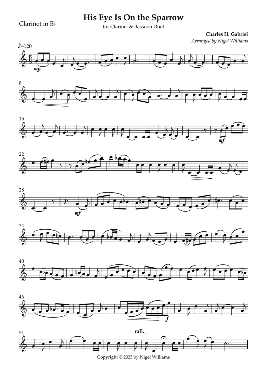 His Eye Is On the Sparrow, for woodwind duet Woodwind Duet scores gallery preview page 1