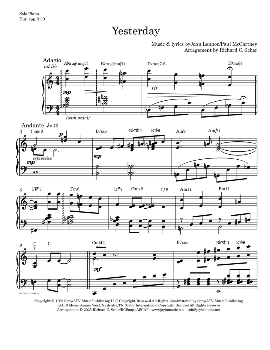 Yesterday Yesterday Piano Solo scores gallery preview page 1