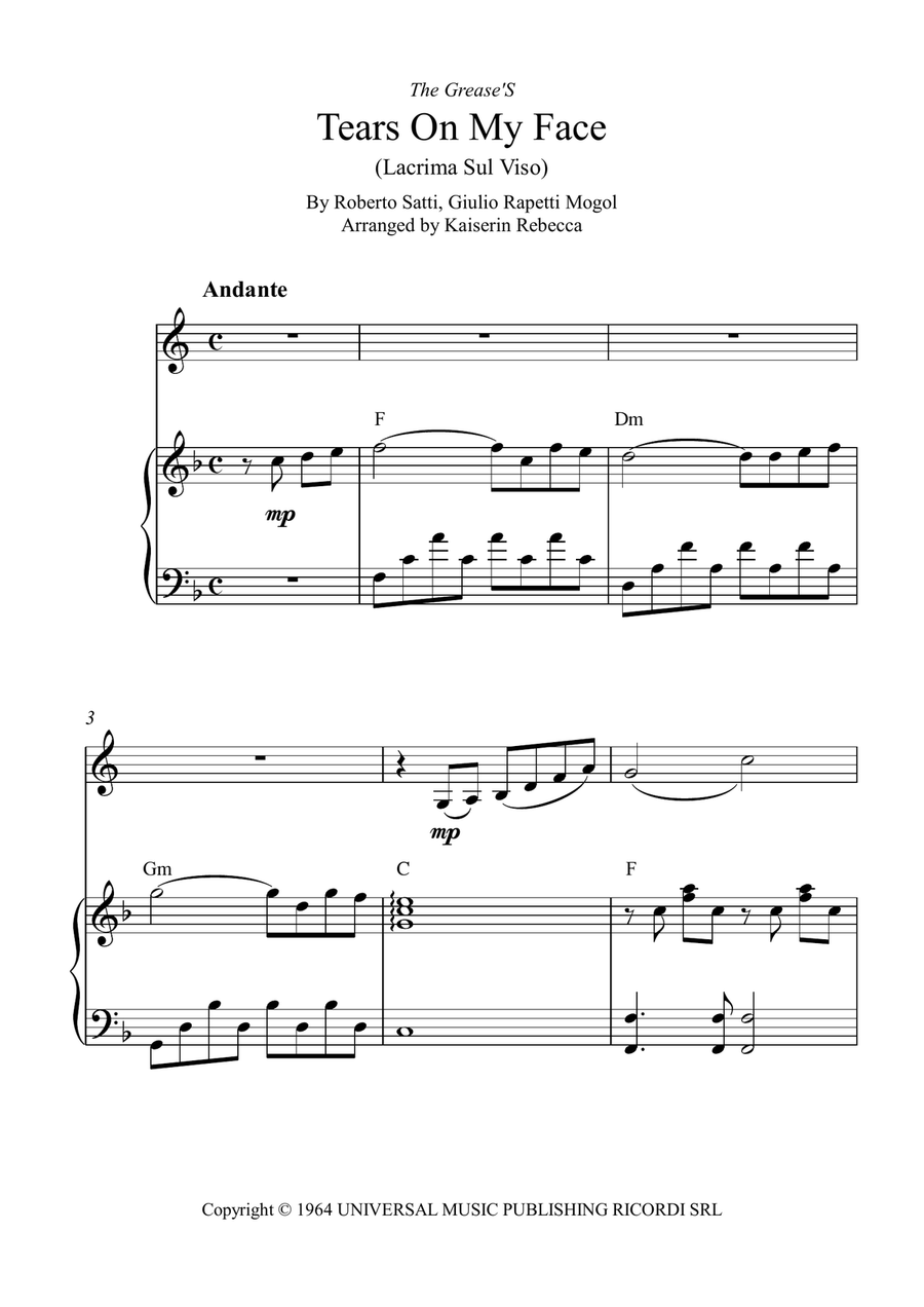 Tears On My Face (Lacrima Sul Viso) Piano scores gallery preview page 1