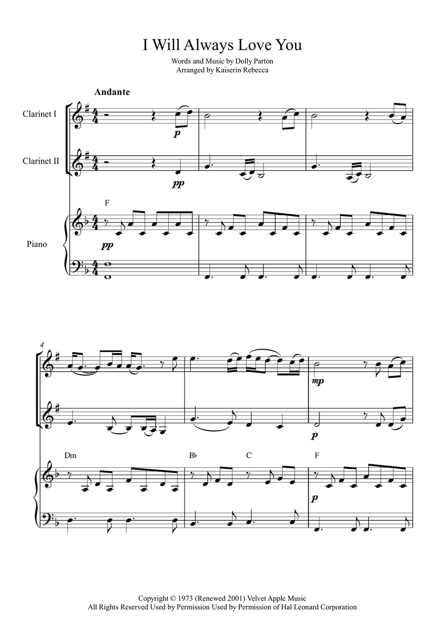 I Will Always Love You I Will Always Love You Woodwind Duet scores gallery preview page 1