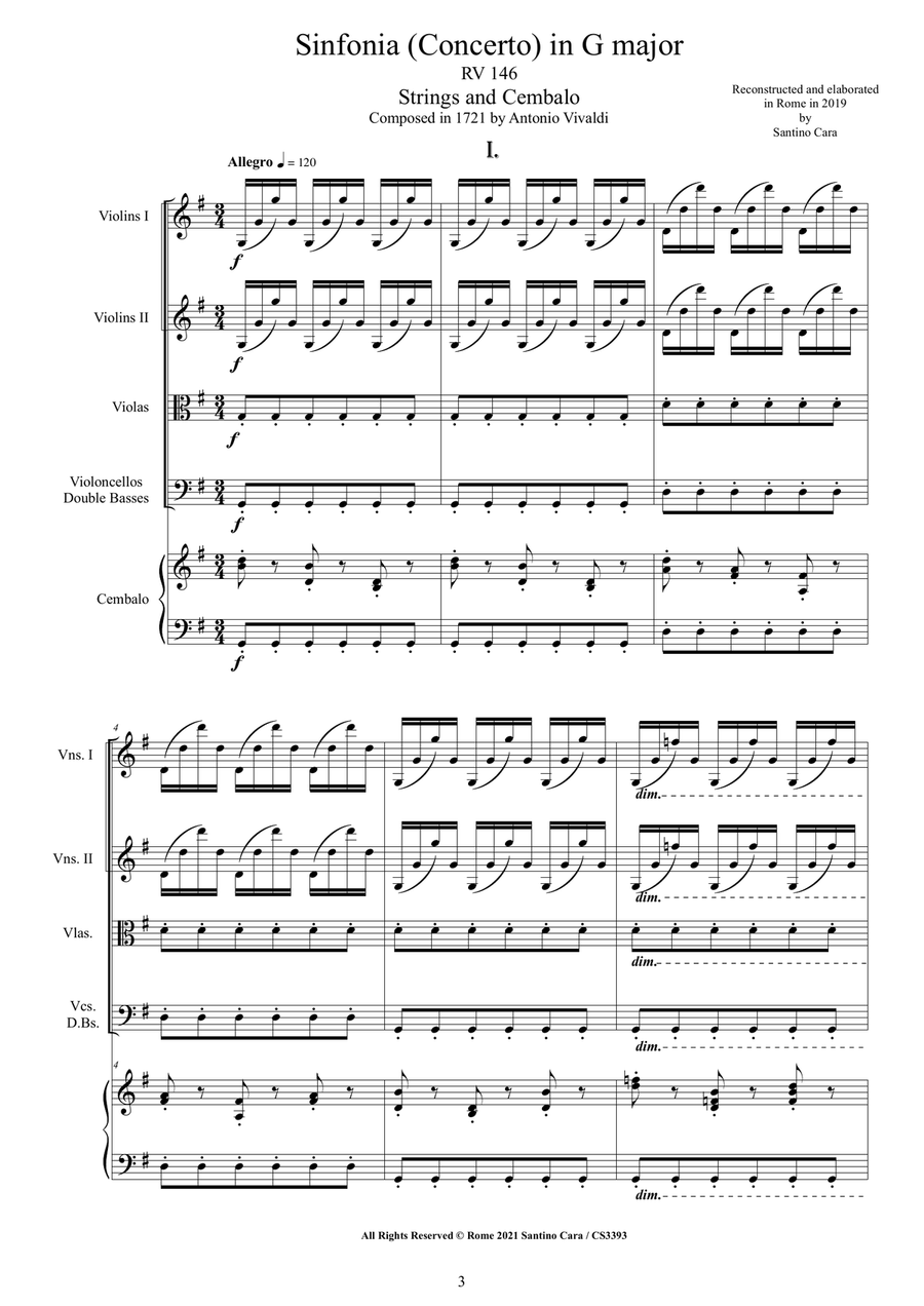 Vivaldi - Sinfonia (Concerto) in G major RV 146 for Strings and Cembalo Chamber Orchestra scores gallery preview page 3