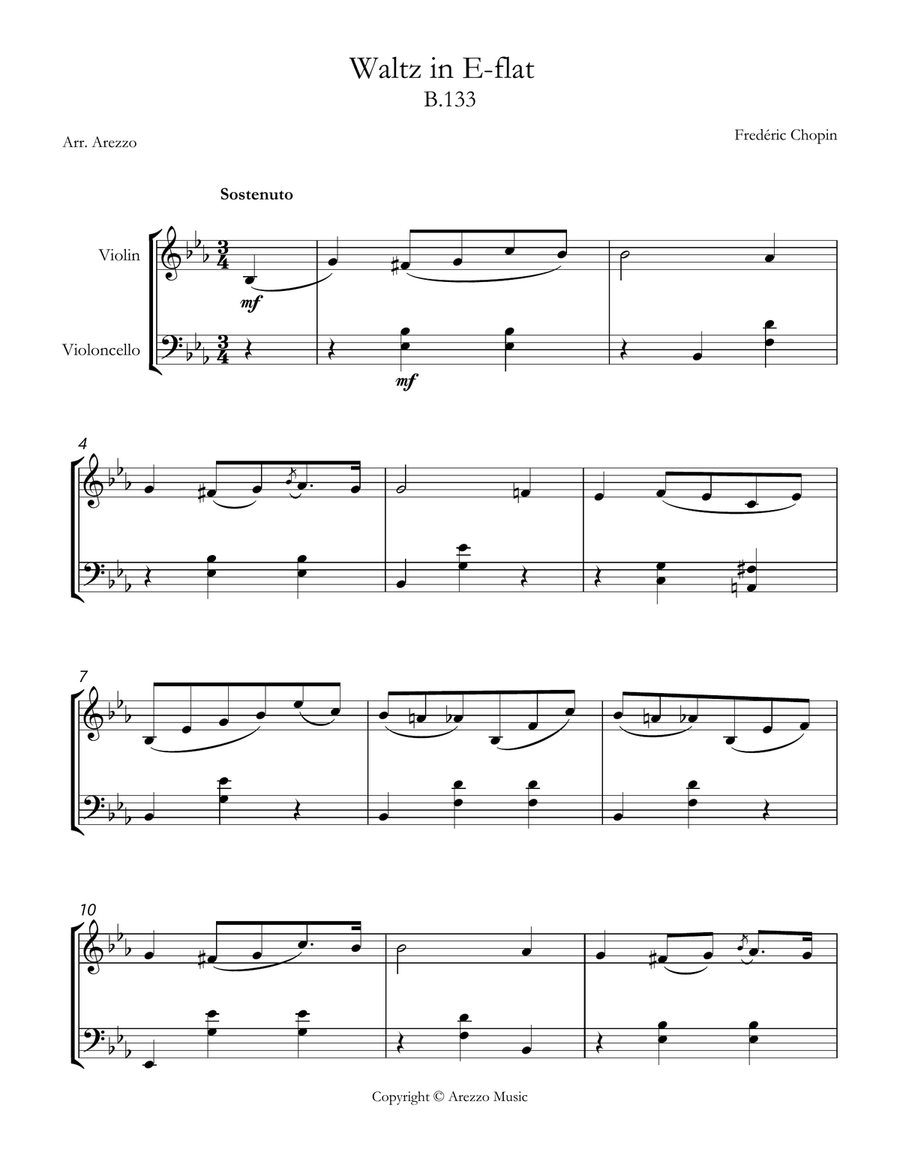 chopin b 133 waltz in e-flat major violin and cello sheet music String Duet scores gallery preview page 1
